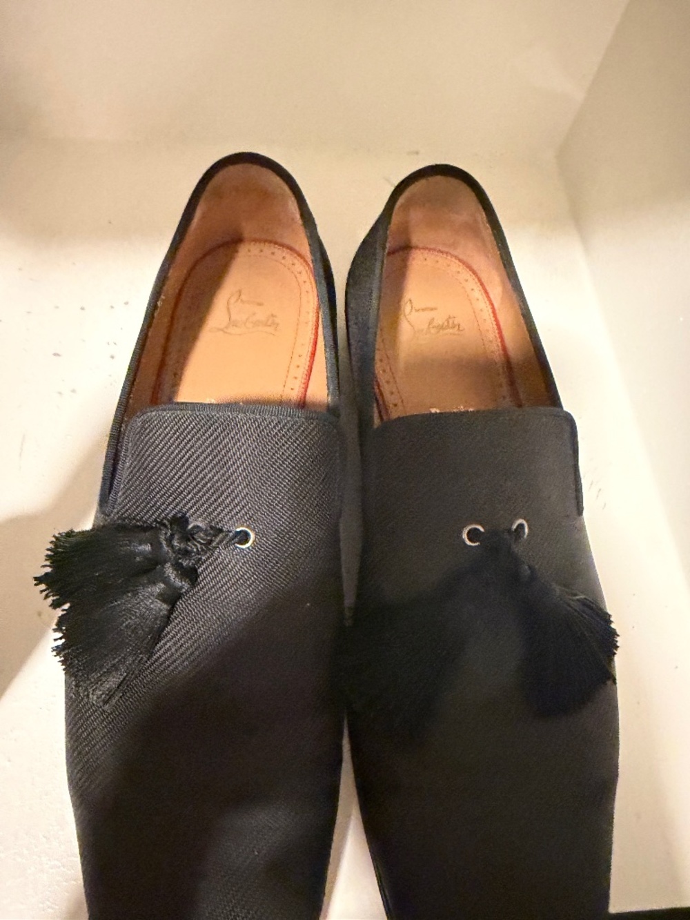 Christian Louboutin Black Tassel Satin Loafers